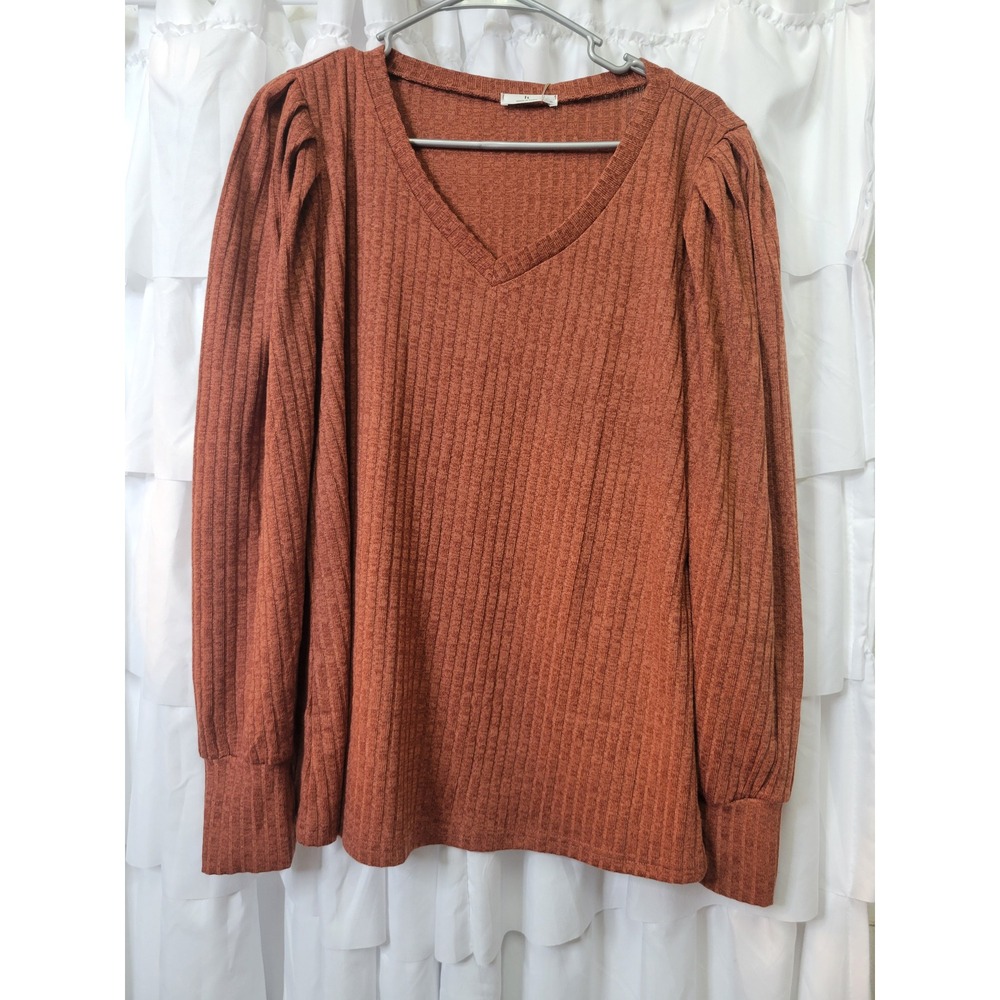 Hotouch Womens XL Ribbed Knit V-Neck Puff Sleeve Top Terracotta Long Sleeve 1809